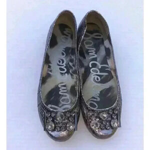SAM EDELMAN Metallic Pewter Snake Leather CAPER Jeweled Ballet Flats Sz 6.5 M